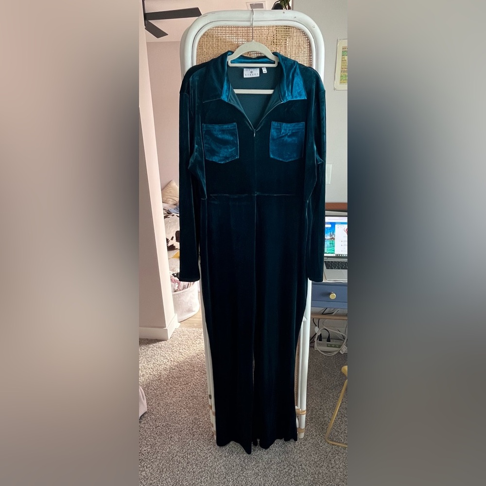 Daisy Street Velour Teal Flare Jumpsuit - NWOT